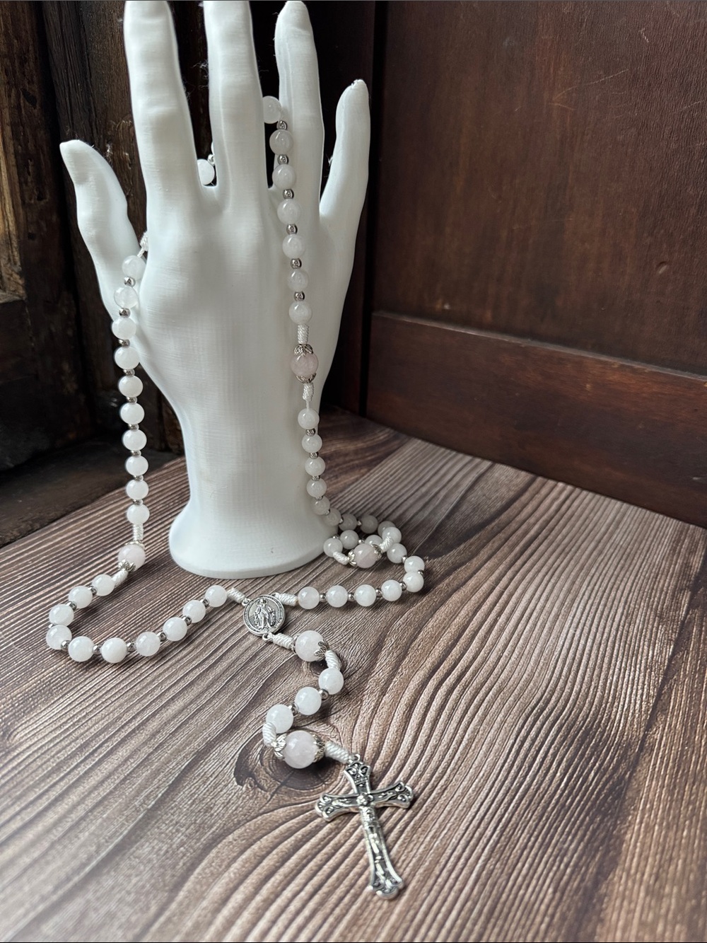 Handcrafted White gemstone rosé Quartz Rosary Necklace with Silver Cross 20”
